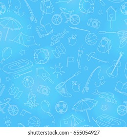 Seamless pattern on the theme of summer camp and vacations, simple contour icons, white  contour on a blue background