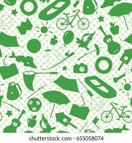 Seamless pattern on the theme of summer camp and vacations, green silhouettes of icons on white background polka dot