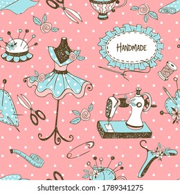 Seamless pattern on the theme of tailoring with tailor mannequins and sewing accessories. Vector.
