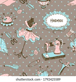 Seamless pattern on the theme of tailoring with tailor mannequins and sewing accessories. Vector.