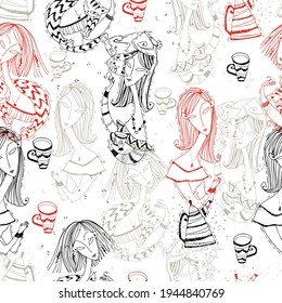 Seamless pattern on the theme of tea drinking. Ladies with cats drink tea. Art Nouveau style. Modigliani art. Vector.