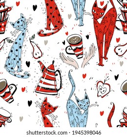 Seamless pattern on the theme of tea drinking. Tea with a kettle and cats. Tea time. Vector.