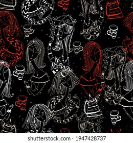 Seamless pattern on the theme of tea drinking. Ladies with cats drink tea. Art Nouveau style. Modigliani art. Vector.