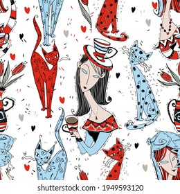 Seamless pattern on the theme of tea drinking. Ladies with cats drink tea. Art Nouveau style. Modigliani art. Vector.