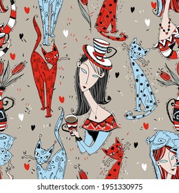 Seamless pattern on the theme of tea drinking. Ladies with cats drink tea. Art Nouveau style. Modigliani art. Vector.