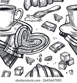 Padrão contínuo sobre o tema de beber chá, uma xícara de chá ou café, um guardanapo, açúcar nódulo, fatias de chocolate, pães doces, croissants. A ilustração é adequada para impressão na embalagem, tecido.