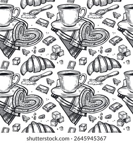 Padrão contínuo sobre o tema de beber chá, uma xícara de chá ou café, um guardanapo, açúcar nódulo, fatias de chocolate, pães doces, croissants. A ilustração é adequada para impressão em embalagens.