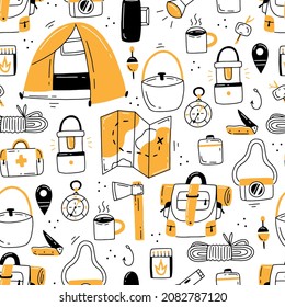 Seamless pattern on the theme of tourism, hiking, travel. Vector illustration background with items for tourism.