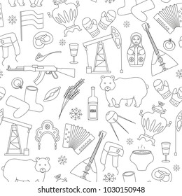 Seamless pattern on the theme of travel in the country of Russia, a simple outline of cartoon icons with a typical country characters, dark contours on white background