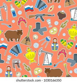 Seamless pattern on the theme of travel in the country of Russia, colored cartoon patch icons  on orange background