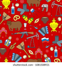 Seamless pattern on the theme of travel in the country of Russia, colored cartoon icons  on red background