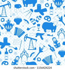 Seamless pattern on the theme of travel in the country of Russia, a simple outline of cartoon icons with a typical country characters,blue silhouettes icons on a blue background polka dot