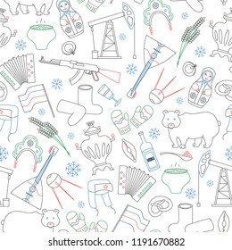 Seamless pattern on the theme of travel in the country of Russia, a simple outline of cartoon icons with a typical country characters, painted with colored markers on white background