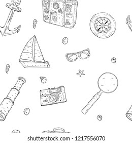 Seamless pattern on the theme of travel in graphic style is made by hand. Endless texture for design of tourist leaflets, maps and guides.