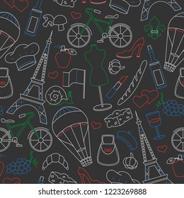 Seamless pattern on the theme of travel in the country of France, simple contour icons , painted with colored chalks on the dark school Board