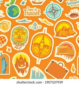 Seamless pattern on the theme of travel and vacations. Repeating vector background with stickers or magnets from various countries on an orange backdrop in retro style