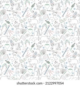 Seamless pattern on the theme of travel in the country of Russia, a simple outline of cartoon icons with a typical country characters, painted with colored markers on white background