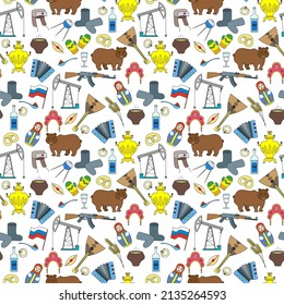 Seamless pattern on the theme of travel in the country of Russia, colored cartoon icons  on a white background