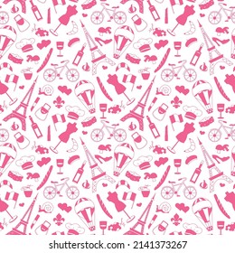 Seamless pattern on the theme of travel in the country of France, the grey silhouettes of the icons on a light background 
