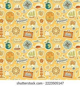 Seamless pattern on theme of travel and vacation. Repeating vector background with stickers or magnets. Set of sea summer icons on a blue backdrop in retro style
