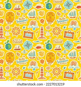 Seamless pattern on theme of travel and vacation. Repeating vector background with stickers or magnets. Set of sea summer icons on a blue backdrop in retro style