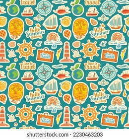Seamless pattern on theme of travel and vacation. Repeating vector background with stickers or magnets. Set of sea summer icons on a blue backdrop in retro style