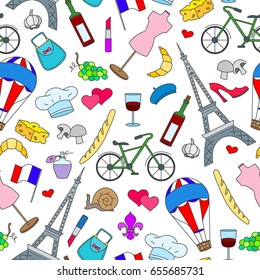 Seamless pattern on the theme of travel in the country of France, simple icons , colored signs on a light background