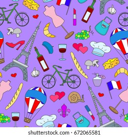 Seamless pattern on the theme of travel in the country of France, simple icons , colored signs on a purple background