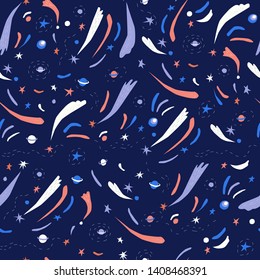 Seamless pattern on the theme of the universe and space: stars, planets, comets
