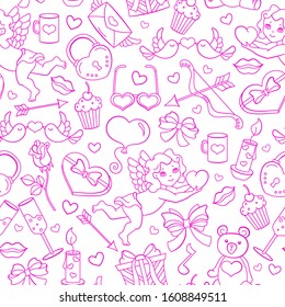 Seamless pattern on the theme of the Valentine's Day holiday, pink contour icons on white background