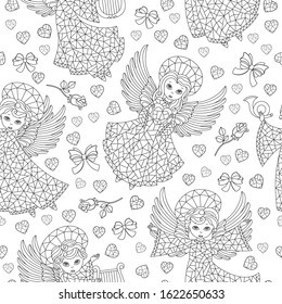 Seamless pattern on the theme of Valentine's day, cute angels and hearts , dark outlines on white background