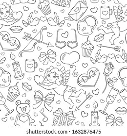 Seamless pattern on the theme of the Valentine's Day holiday, dark contour icons on white background