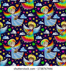 Seamless pattern on the theme of Valentine's day, cute angels and hearts on a dark blue background