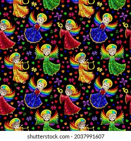 Seamless pattern on the theme of Valentine's day, cute angels and hearts on a black background