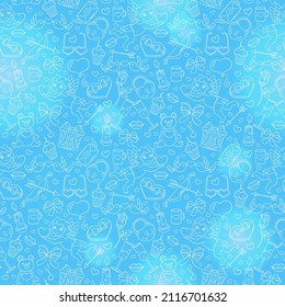 Seamless pattern on the theme of the Valentine's Day holiday, light contour icons on blue background