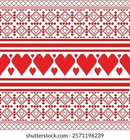  Seamless pattern on the theme of Valentine's Day with red heart pixel art.