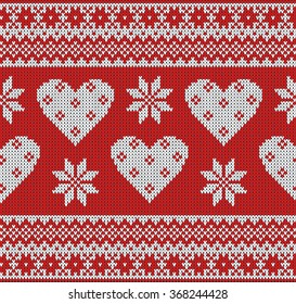 Seamless pattern on the theme of Valentine's Day with an image of the Norwegian and fairisle patterns. White hearts and snowflake on a red background. Wool knitted texture. Vector Illustration.