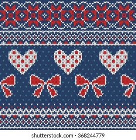 Seamless pattern on the theme of Valentine's Day with an image of the Norwegian and fairisle patterns. Red and white bows and hearts on a blue background. Wool knitted texture. Vector Illustration