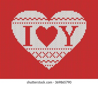 Seamless pattern on the theme of Valentine's Day with an image of the Norwegian patterns and hearts. The inscription I love you. Wool knitted texture