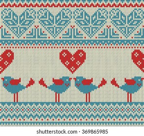 Seamless pattern on the theme of Valentine's Day with an image of the Norwegian and fairisle patterns and hearts. Figure showing kissing birds. Wool knitted texture