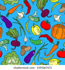 Seamless pattern on the theme of vegetables and healthy food, ripe bright vegetables on a blue background