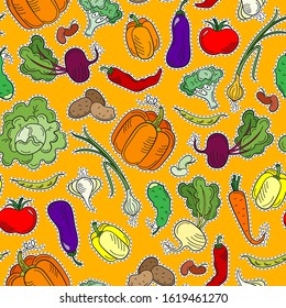 Seamless pattern on the theme of vegetables and healthy food, ripe bright vegetables ,patch icons on an orange background