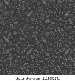 Seamless pattern on the theme of vegetarianism, grocery icons, simple outline white icons on a dark background