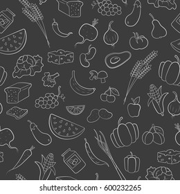 Seamless pattern on the theme of vegetarianism, grocery icons, simple outline white icons on a dark background