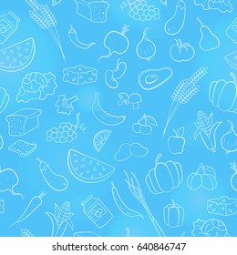 Seamless pattern on the theme of vegetarianism, grocery icons, simple contour icons are drawn with light contour on blue background