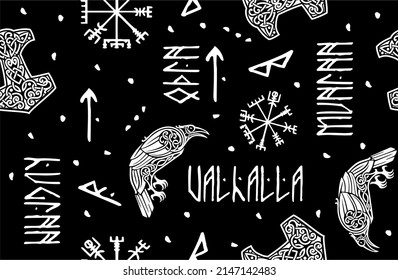 seamless pattern on the theme of the Vikings, ornaments for clothes, sketchbooks, prints, background for products. Odin, Valhalla, hugin, munin, crows, runes, warrior rune, Thor's hammer. dark or blac