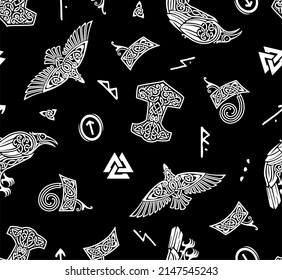 Seamless Pattern On The Theme Of The Vikings, Ornaments For Clothes, Sketchbooks, Prints, Background For Products. Odin, Valhalla, Hugin, Munin, Crows, Runes, Warrior Rune, Thor's Hammer Dark Or Black