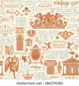 Seamless pattern on theme of vintage art and Antiques. Vector background with orange sketches, drawings and handwritten text lorem ipsum on a light backdrop. Retro Wallpaper, wrapping paper or fabric