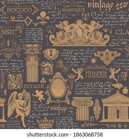 Seamless pattern on theme of vintage art and Antiques. Vector background with handwritten text lorem ipsum, sketches and drawings on a dark backdrop. Wallpaper, wrapping paper or fabric in retro style