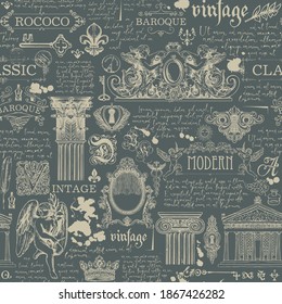 Seamless pattern on theme of vintage art and Antiques. Vector background with sketches, drawings and handwritten text lorem ipsum on a dark backdrop. Wallpaper, wrapping paper or fabric in retro style